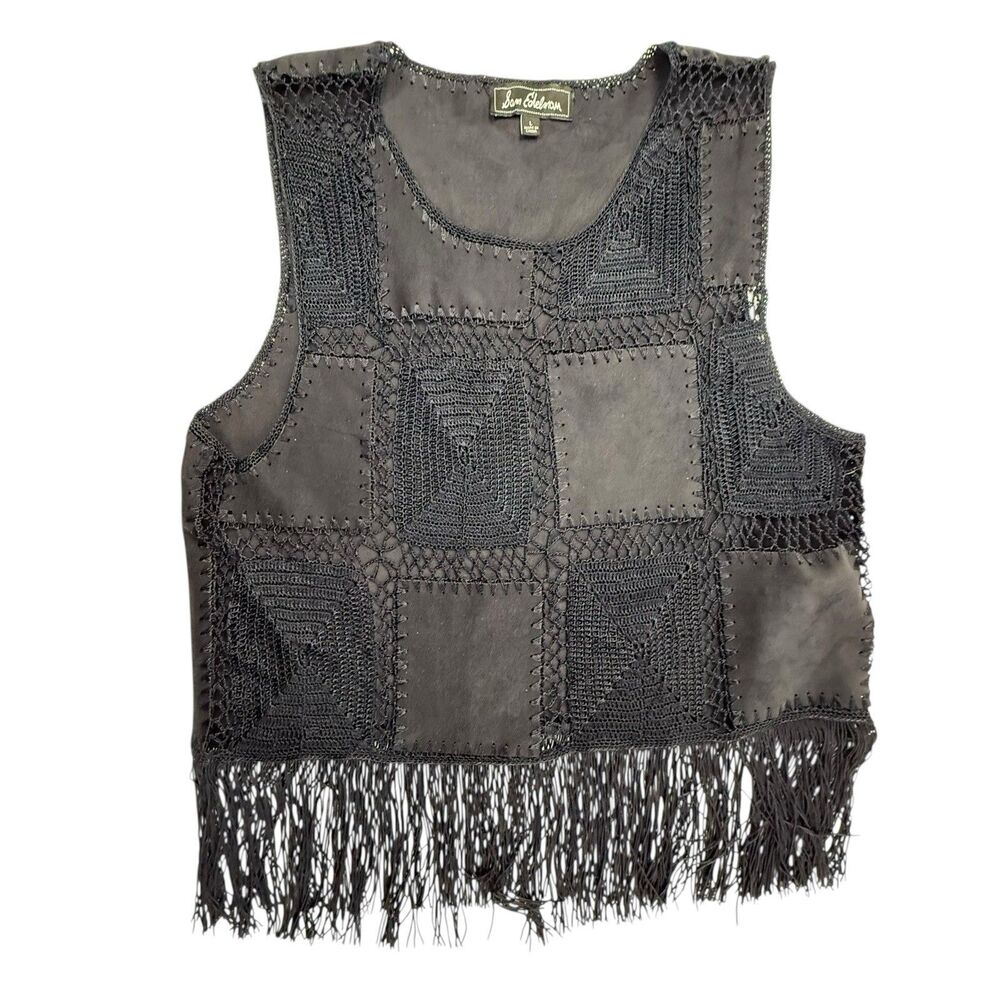Sam Edelman Granny Square Faux Suede Vest Fringe Retro 70s Boho Women Large